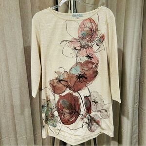 Vintage Suzie Pink and Brown Graphic Tunic with a slight sheen.